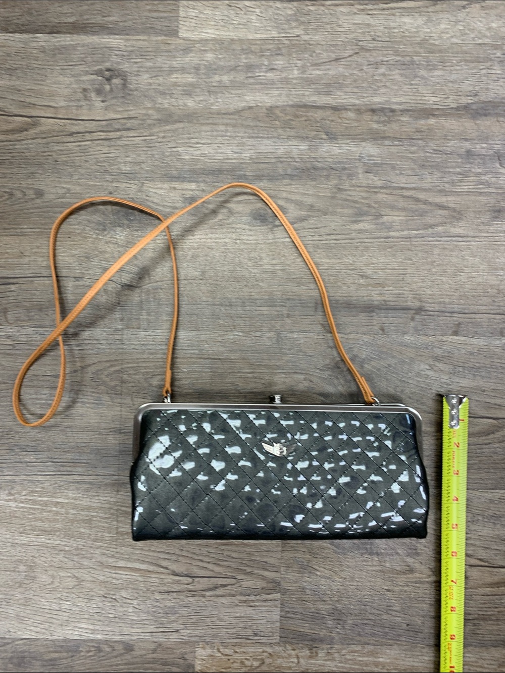 Consuela Quilted Black Patent Clutch with Tan Strap